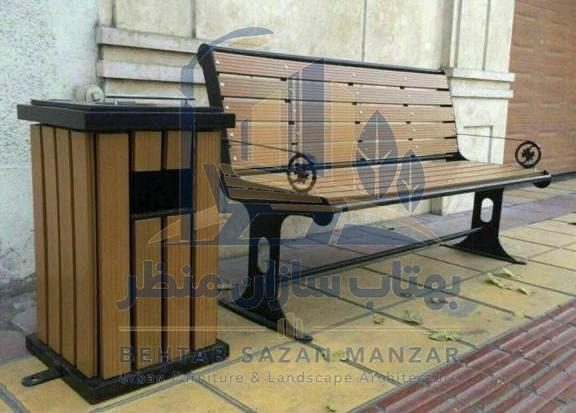 نیمکت شهری و سطل زباله هم‌خانواده با روکش تخته‌ای در پیاده‌رو